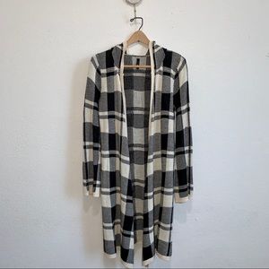 Black & White Hooded Plaid Duster Cardigan.